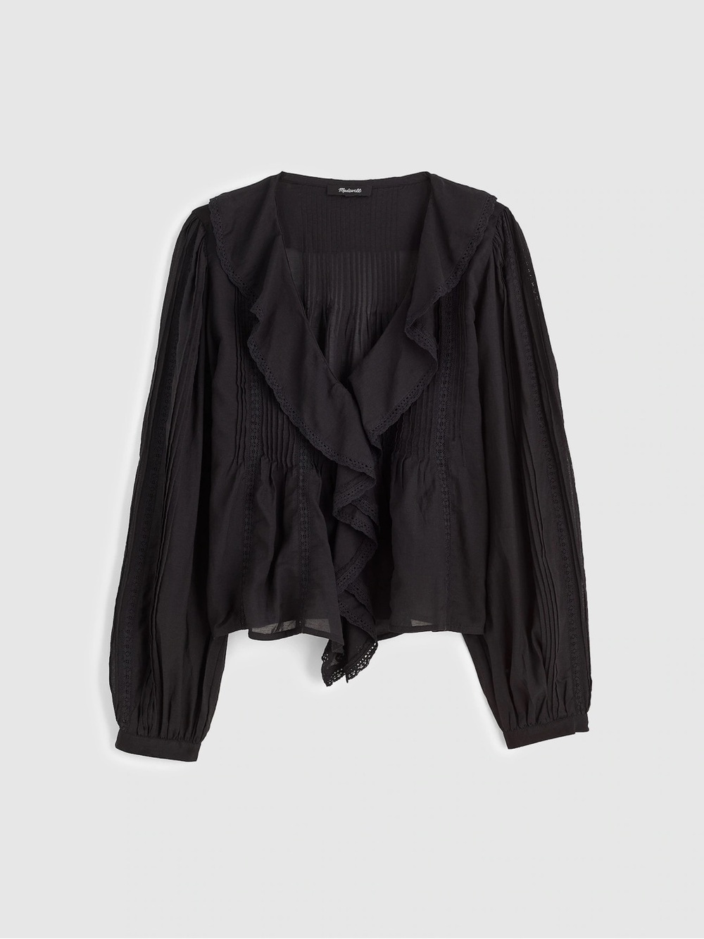 Madewell Lace-Insert Ruffled Pintuck Long-Sleeve Top in Black Size XS